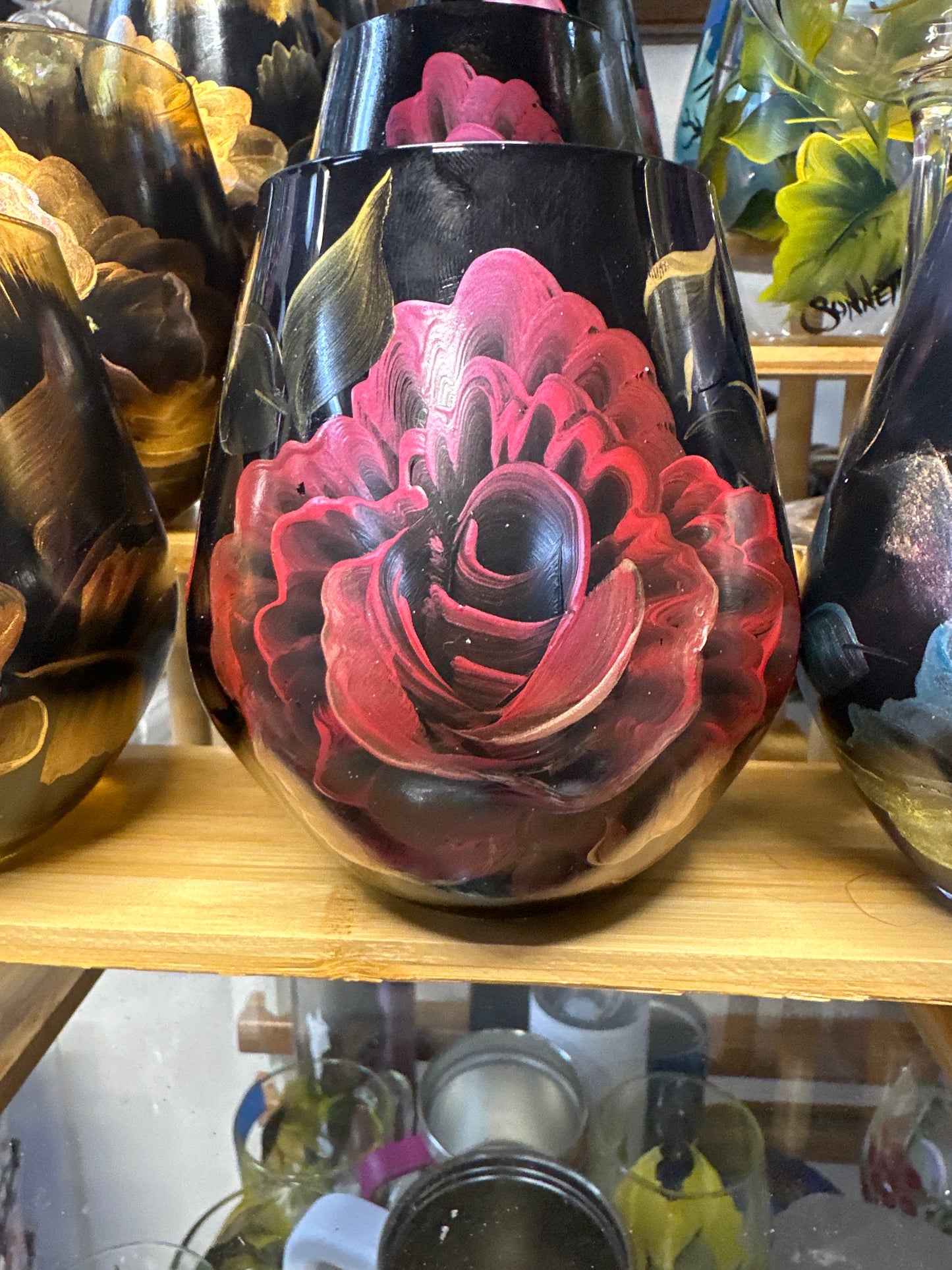 No spill rose stemless wine glasses