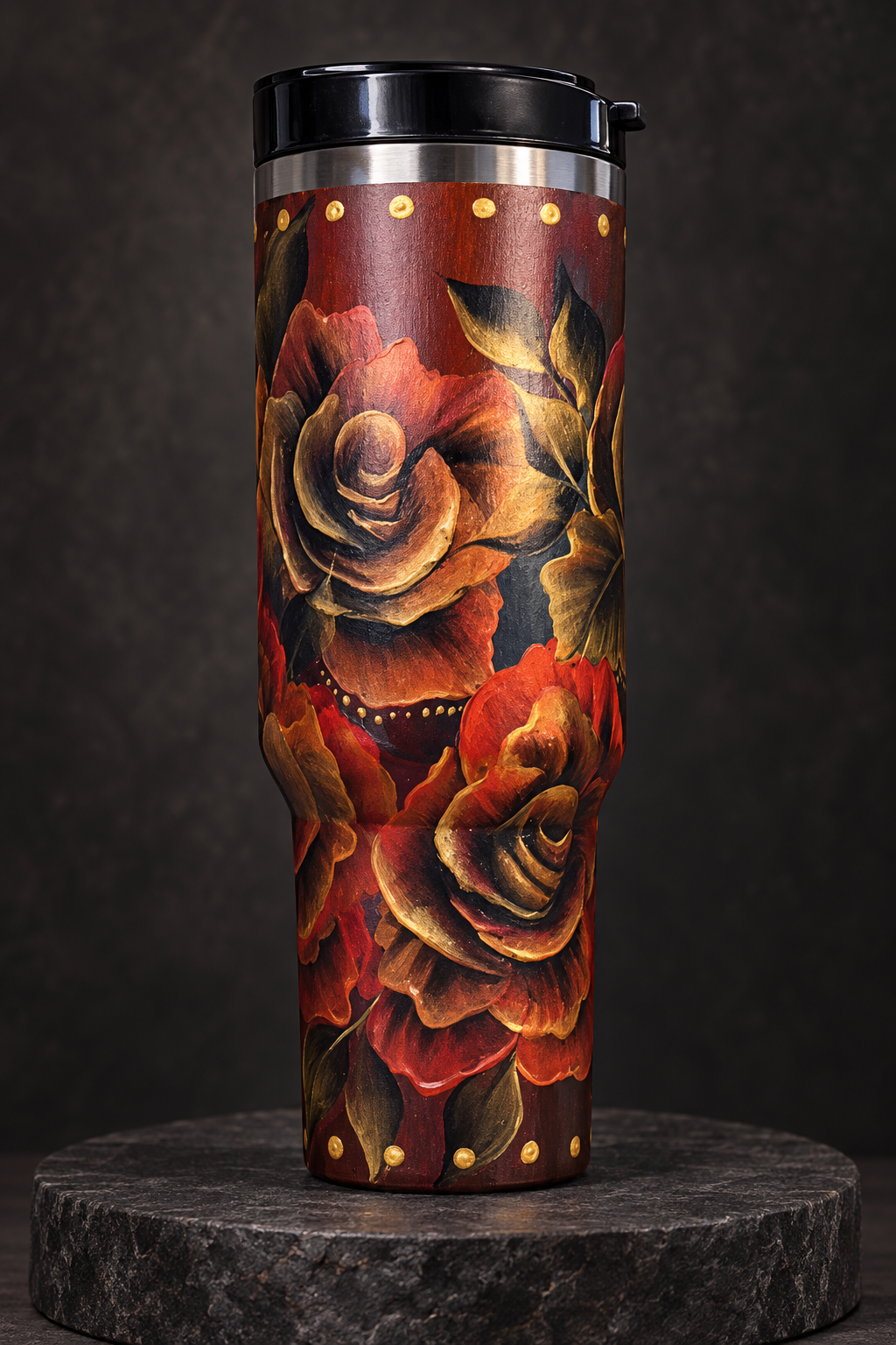 Red and Gold Vintage Roses -Hand painted