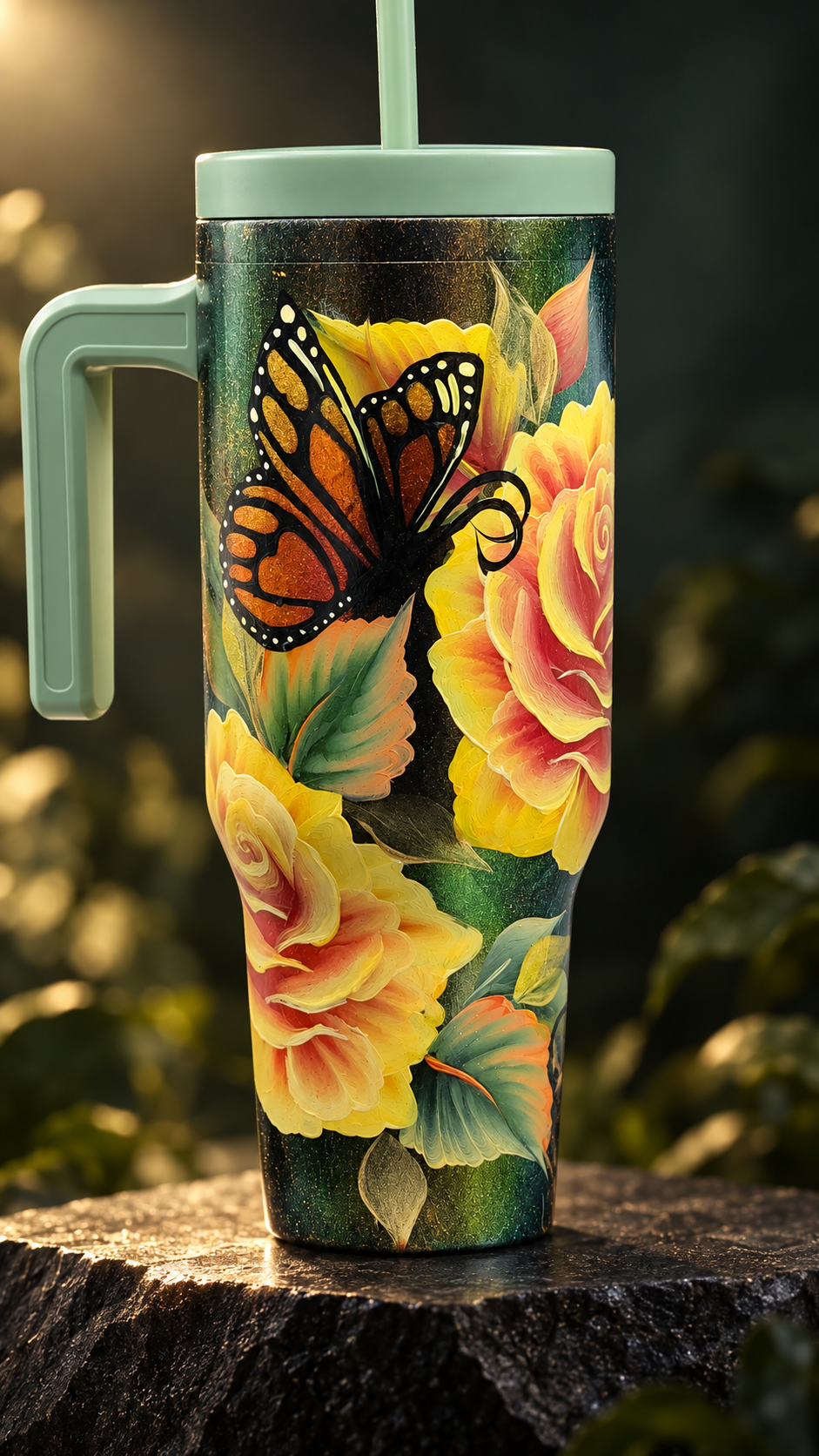 Yellow/Burgundy Roses with Butterfly-Hand painted